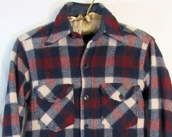 Warm! 1970s Vintage Woolrich Men's Plaid Wool Blend Long Sleeve Button Shirt w/ Dished Back Buttons Size 19" P2P, Red / Blue / Tan near mint
