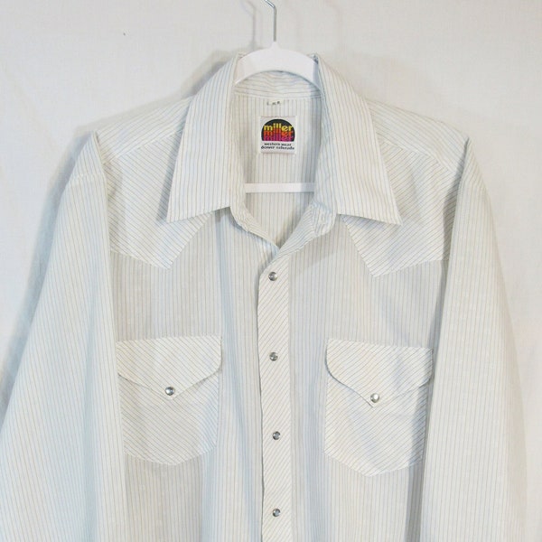 1970s Vintage Miller Men's Western Wear Long Sleeve Snap Shirt, 18-35, Size 26.5" P2P, White w/ stripes/dots, shiny, very near mint cond.!