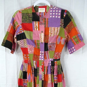 Boho 60's Vintage Michele of Miami Button Front Short Sleeve Shirt Dress Size 18 P2P, 12 Across Waist, Multicolor Patchwork Pattern Print image 1