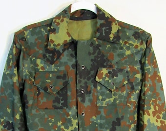 Vintage Home made Men's Western Long Sleeve Snap Shirt, Size 21" P2P, German Flecktarn Camo Pattern broken leaves, black snaps, unworn!