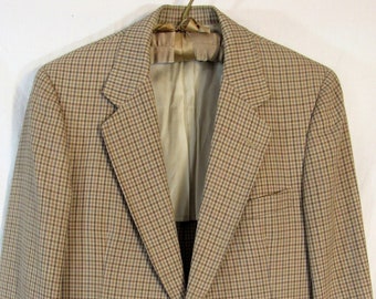 80s Vintage Hart Schaffner & Marx Men's Racquet Club basketweave fabric Check Blazer, Size 21" P2P, Tan / Brown / Blue, Union Made in USA