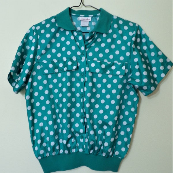 Vintage 1980s Lauren Lee Shiny Green Polka Dot Shoulder Pad Ribbed Leisure Blouse Women's S Made in USA Bust 38"