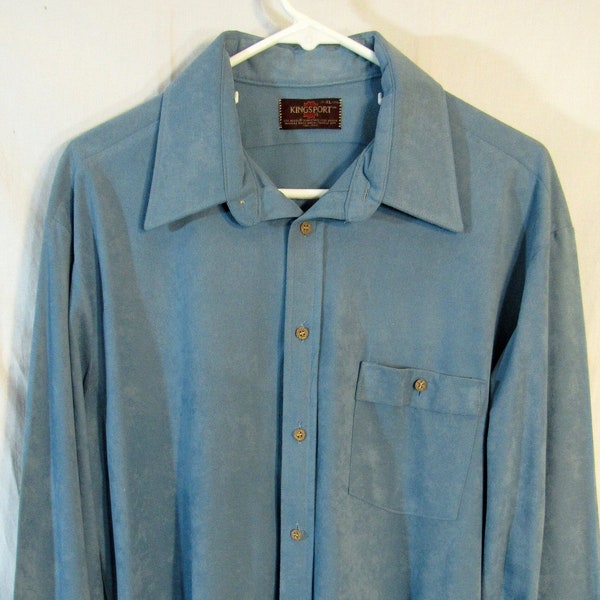 KMart! 1970s Vintage Kingsport Men's Velour Long Sleeve Button Shirt, Size XL (17 - 17.5), Light Blue, unworn condition Blue Light!