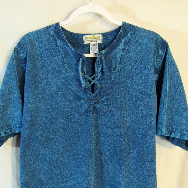 surf? 90s Vintage Ezze Wear Women's Honey Komb Breathing Cotton Short Sleeve Laced Front Pullover Top, Size M, Heathered Blue Made in Canada