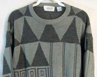 Vintage 1990s Pacific Club by NAK Men's TV Dad Gray/Black Asymmetrical Geometric Acrylic Knit Pullover Sweater Size L