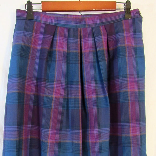 70s Vintage Pendleton Plaid Wool Straight Skirt, Size 30" x 26.25", Purples / Greens & Yellow Lines, Made in USA