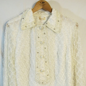 Regalia Imports Women&#39;s Beaded, Pearl, and Rhinestone Decorated Lace Pullover Blouse, Size 20&quot; P2P, Body Fully Lined, Made in Hong Kong