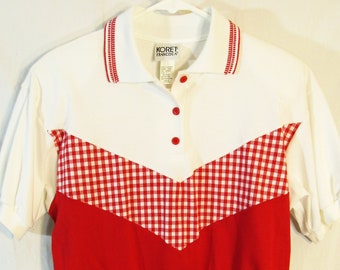 1990s Vintage Koret Francisca Gingham Check Women's Polo Shirt & Pants Outfit, Size: Shirt Small, Pants 10 Short (vintage sz), White / Red