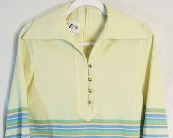 Groovy! 1970s Vintage Herman Marcus HM III Women's Knit Top, Size 18" P2P, Yellow w/ Green / Tan / Blue Horizontal Stripes, stripe weave!