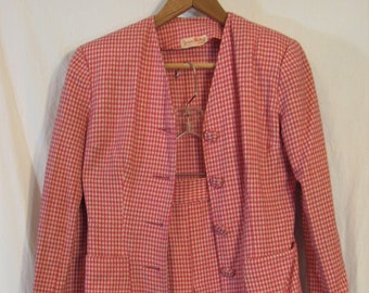 Vintage 1950s? Joan Miller Juniors Pink Gingham Check Wool or Wool Blend Blazer and Pleated Skirt Suit Cottagecore Bust 36&quot;