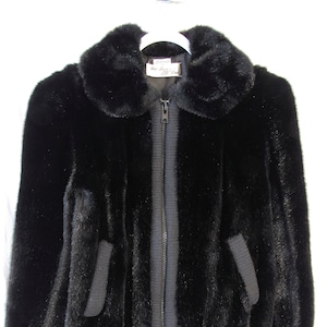 Wow! 1980s Vintage Adolph Schuman for Lilli Ann Women&#39;s Black Faux Fur Bomber Jacket, Size 22&quot; P2P, Union Made in USA Beckman&#39;s Montana!
