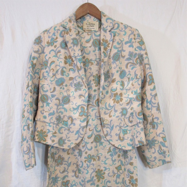 Vintage 40s or 50s Vintage Seatona Suits Linen Blend Floral Dress Jacket Two-Piece Set Size 15.5" P2P Tea Afternoon Mod Summer Sheath