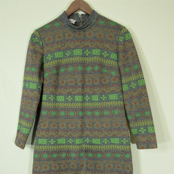 Vintage 1960s Gray Heathered Polyester Knit Mod Neon Geometric Floral Striped Mock Neck Dress Bust 38"