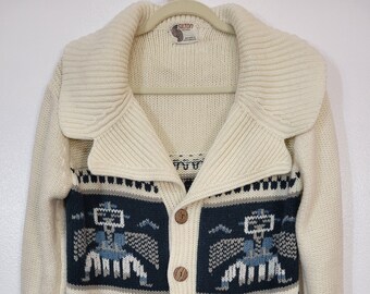 Vintage 1970s Silton California Navajo Thunderbird Blue/Cream Cowichan-Style Southwest Shawl Collar Acrylic Cardigan Sweater Men's Chest 40"