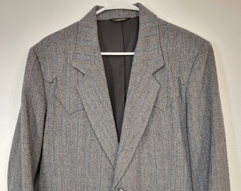Vintage 1980s Pioneer Wear western gray multi color wool blend herringbone stripe two-button sport coat jacket men's 44 made in USA