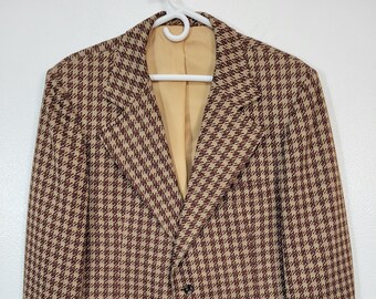 Groovy! Johnny Carson 1970's houndstooth weave polyester blazer, huge collar, brown red orange, men's size ???, wake up Ed, Rickles is on!