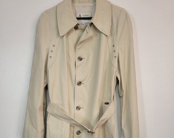 Funky! Vintage 1970s London Fog Maincoats Tan/Beige Belted Trench Coat Men's 44 Long groovy detailing and I think never worn! FOG 2024!