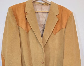 Dude! Vintage 1970s Brad Whitney western tan corduroy soft suede yoke 2-button elbow patches sport coat jacket men's chest 54" made in USA