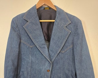 Vintage 1970s Farah western Groovy cowboy! medium blue denim wide lapel sport coat jacket men's chest 38" yeehaw!