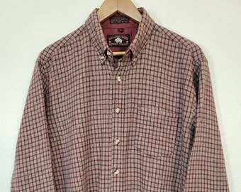 Vintage 1970s 80s The Great Plains Clothing Company gray/red square grid wool blend button down long sleeve shirt men's XL chest 46"