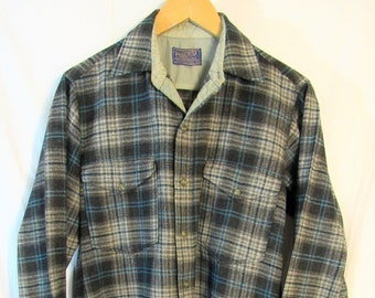 Early 1960s Vintage Pendleton Men's Shadow Plaid Long Sleeve Button Shirt Size 14 1/2 Gray Black Blue soft 100% wool near mint condition wow