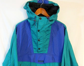 Vintage 1990s? Columbia Sportswear Men's Lightweight Hooded Anorak Chest 56" Green / Purple kangaroo pocket MINT color block!