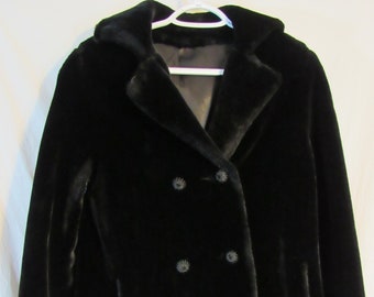 Vintage Glen Sea by Glenoit Buttrey's 1960s Black Faux Fur Double-Breasted Short Coat Women's Bust 38" jell-o mold buttons PLUSH unworn!