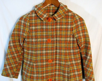 Vintage 1950's Girl's Orange Plaid Tweed Coat, Size 16.5" P2P, 1" Orange Catalin Plastic Buttons, wool blend? orange lining, near unworn!