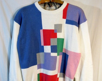Radical! 1990s Vintage Lady La Mode Women's Golf Sweater, Size XL, Multicolor Geometric Pattern, Made in USA mall babysitter pastel colors!