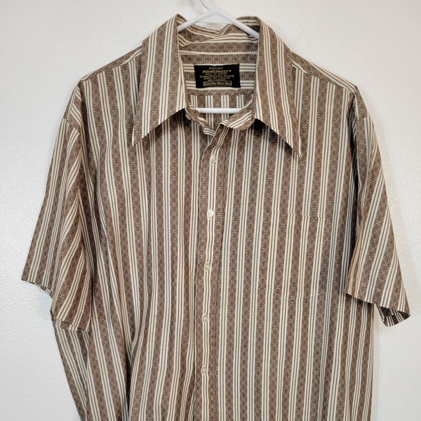 Vintage 1970s Sears the Men's Store blue/white jacquard stripe poly/cotton short sleeve shirt Men's 2XL 18 1/2 chest 54" pointy collar!