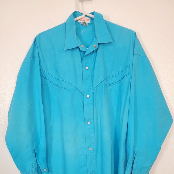 Vintage 1980s Freego Sportswear western bright turquoise blue cotton pearl snap long sleeve shirt men's medium chest 46" near mint wild!