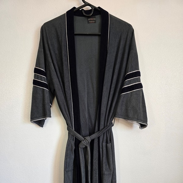Vintage 1980s Studio 5 gray/bluish black acetate/nylon velour men's robe One Size chest 42" belted pockets made in USA lounge in style!