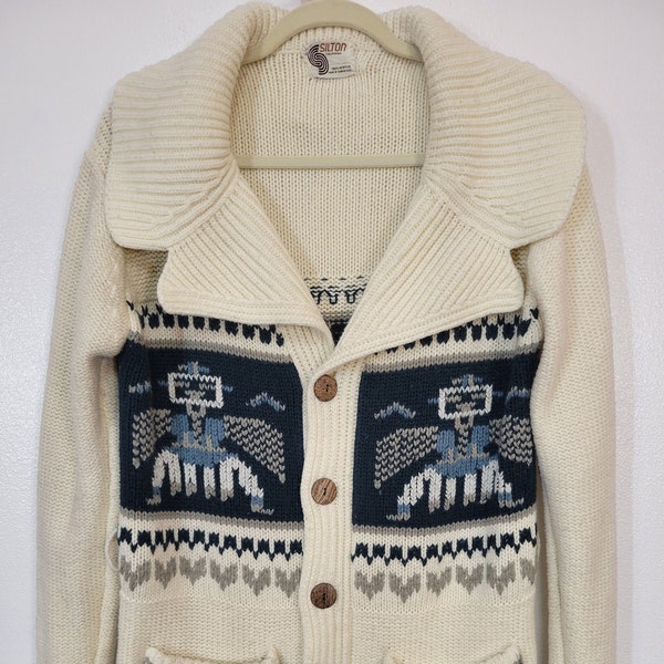 Vintage 1970s Silton California Navajo Thunderbird Blue/Cream Cowichan-Style Southwest Shawl Collar Acrylic Cardigan Sweater Men's Chest 40"