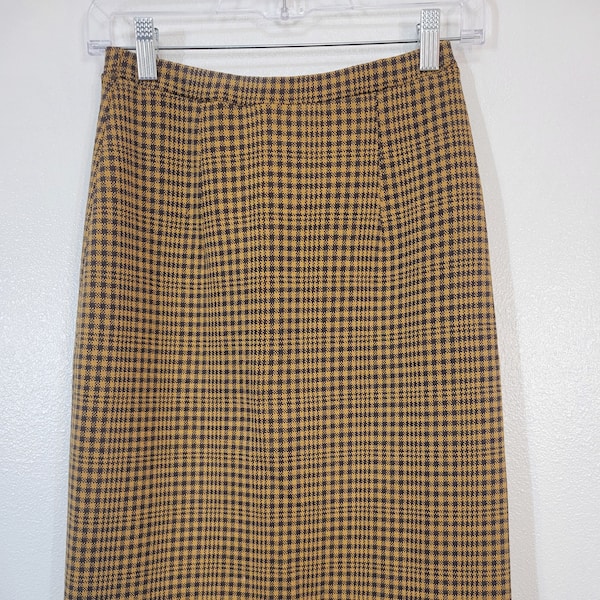 Vintage 1970s Pendleton wool stretch blue/gray and golden yellow houndstooth  check plaid elastic waist skirt women's 22x23