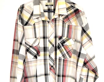 Vintage 90's Roper Gold Collection men's western shirt, Men's 2XL 18-36 tag size, gray yellow white red tan weave plaid, pearl snaps!