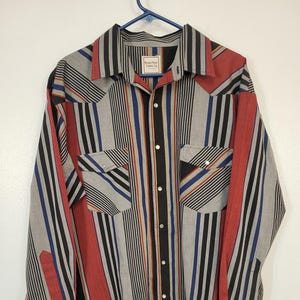 Vintage 1980s Western Plains men's Large fancy bold stripe western pearl snap shirt! KMart! Gray red blue black yellow stripes, wild pattern
