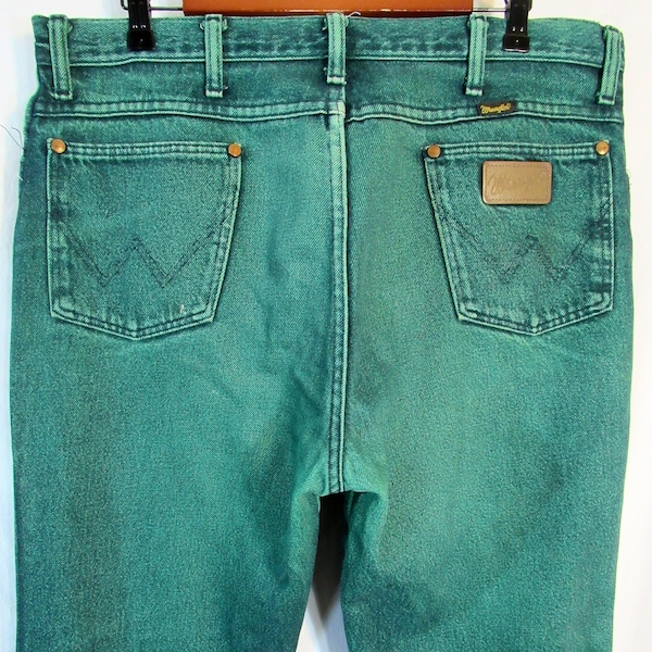 Vintage 1990s Wrangler Women's Stonewashed Green Overdyed Denim High Waist Mom Jeans, Size 37" x 33", Made in USA