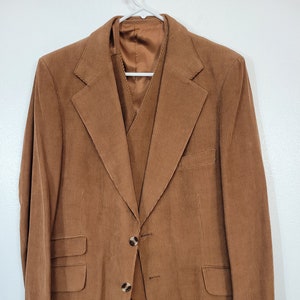 Vintage late 70&#39;s - 1980s Unknown Brand Brown Corduroy Vest and Two-Button Sport Coat Blazer Men&#39;s 44 Long Made in Romania sears? wards?