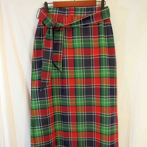 Vintage 1960s Joyce Women's Plaid Slit Skirt w/ Tie Belt Elastic Waist 26" mint condition red green white blue!
