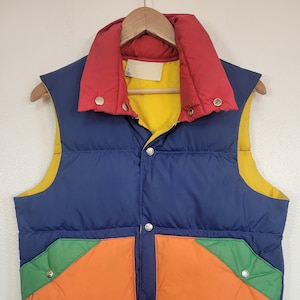 Vintage 1970s Sunshine Products harlequin bright primary colors down snap vest men's chest 40" very unique!