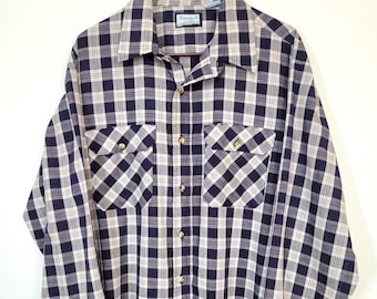 vintage SEARS Fieldmaster USA made men's XL cotton poly long sleeve plaid shirt! Button front, blue and white plaid, near mint condition!