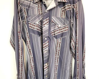 Space cowboy! H BAR C pearl snap western shirt! Men's 16-34, 44 chest, groovy 1970's disco collar and styling, floral stripe polyester!