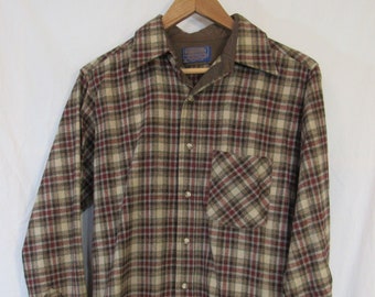 Vintage 1960s? Pendleton Woolen Mills 100% Virgin Wool Brown Plaid Shirt Men's S Made in USA