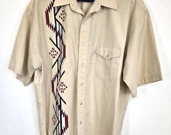Vintage Wrangler short sleeve western shirt! Pearl snaps, southwest Navajo style graphic print, size 17, 50" chest, USA fabric.