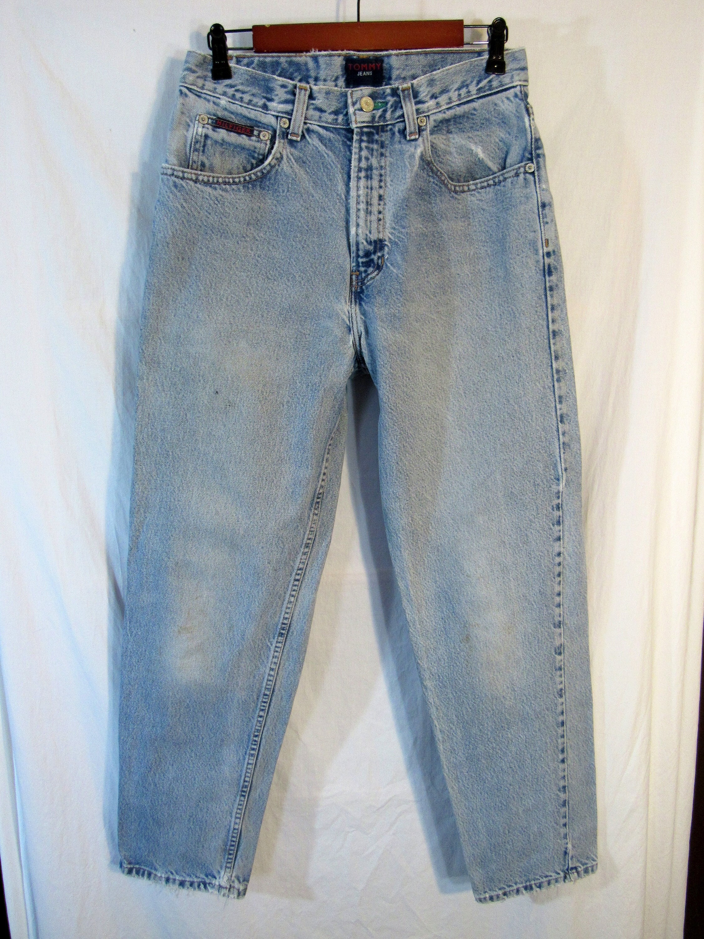 Vintage Tommy Hilfiger Men's Freedom Jeans Size 30 X 30.5 Blue Flag Pocket  Script 1990 Denim Faded and Frayed Legit Wear USA Made 
