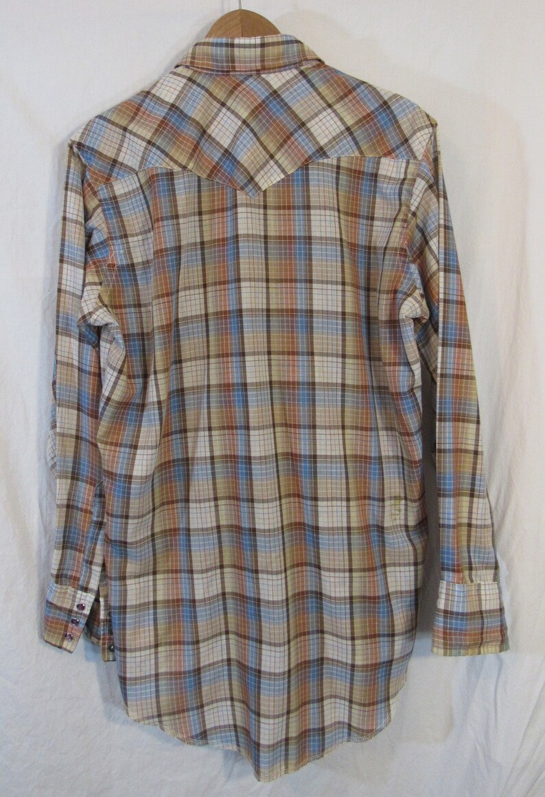 Maverick Western Brown Plaid PolyCotton Permanent Press Long Tails Pearl Snap Shirt Men/'s Large 16 12-35