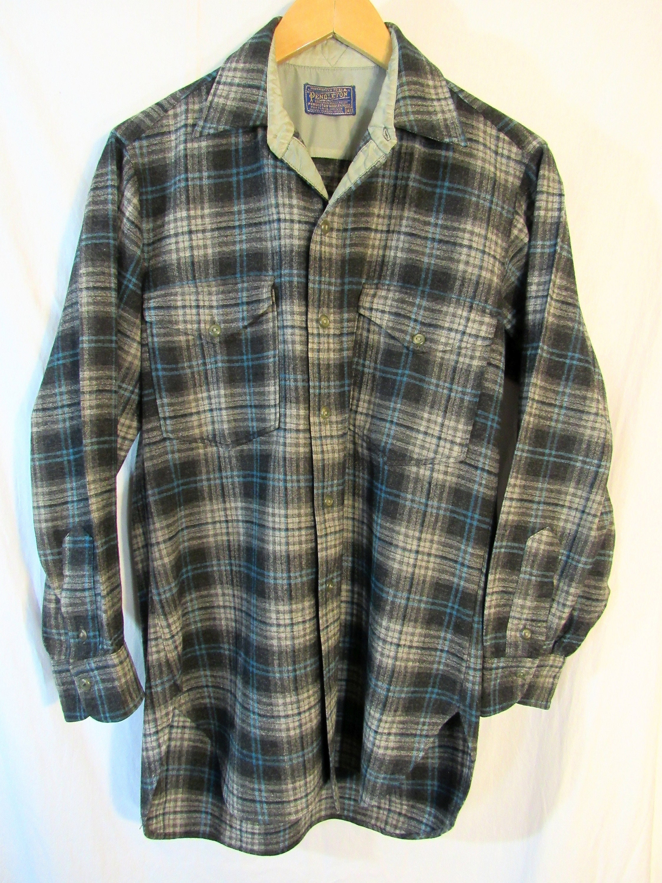 Vtg 60s 70s Mens Pendleton L/S Wool Board Shirt Shadow Plaid Loop Collar  Medium