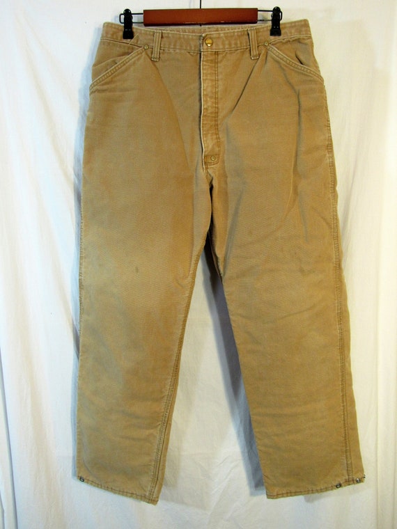 Late 70s to Early 80s Vintage Carhartt Men's Cotton Riveted Carpenter Pants  W/ Quilt Lining, Size 33 X 29.5, Talon Zip, Union Made in USA 