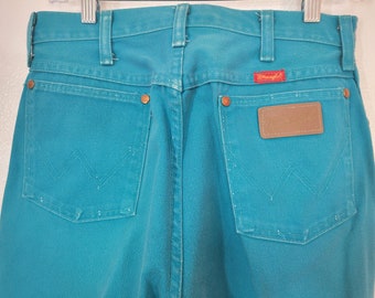 Bright! Vintage 1980s Wrangler Teal Blue Cotton Denim High Rise Mom Jeans Women's 28x34 Made in USA