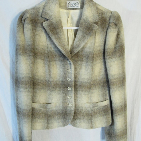 Vintage 1950s/60s Evan-Picone Country Set Juniors 8-10 Bust 32" crop thick lined wool blend plaid button front blazer mint! USA union!